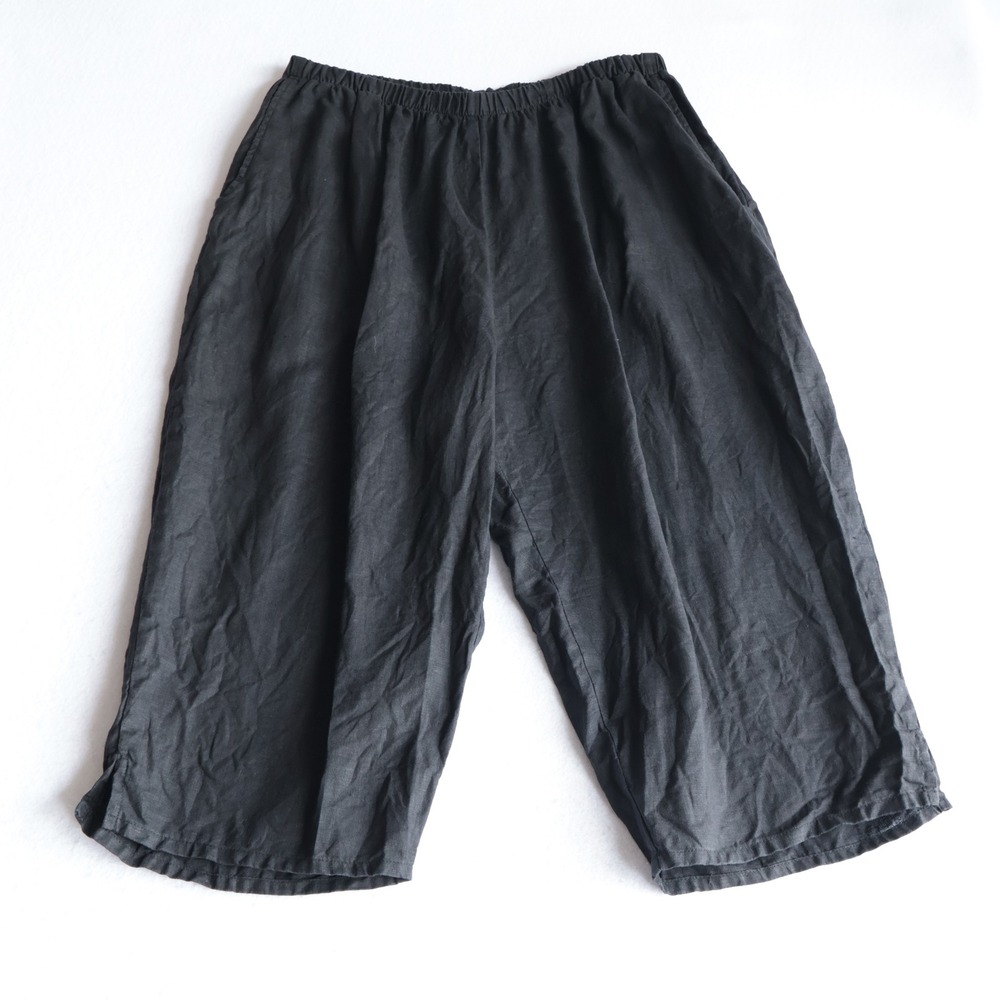 Flax Black 100% Linen Cropped Wide Leg Pants Elastic Waist Pockets Size 1G
